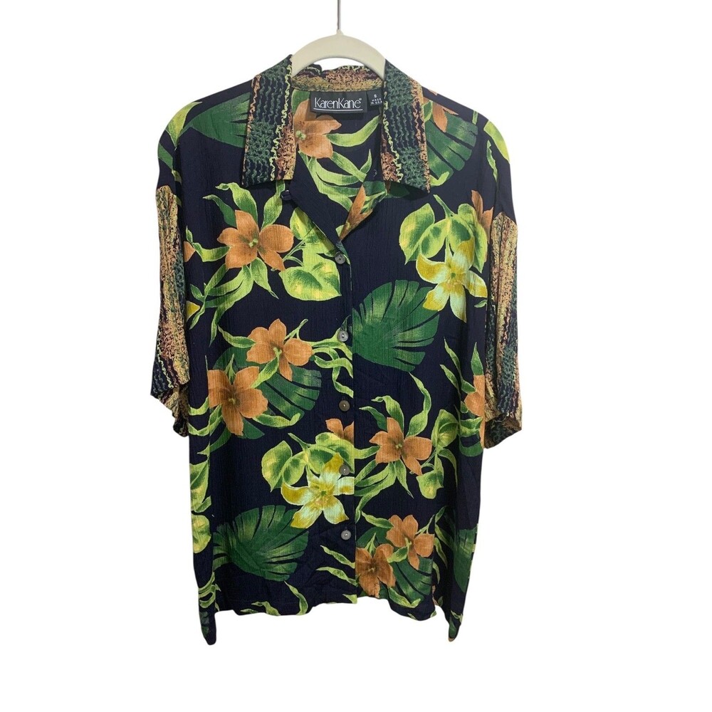Vintage Karen Kane Womens Tropical Floral Button Up short Sleeve Top 8 USA Boho